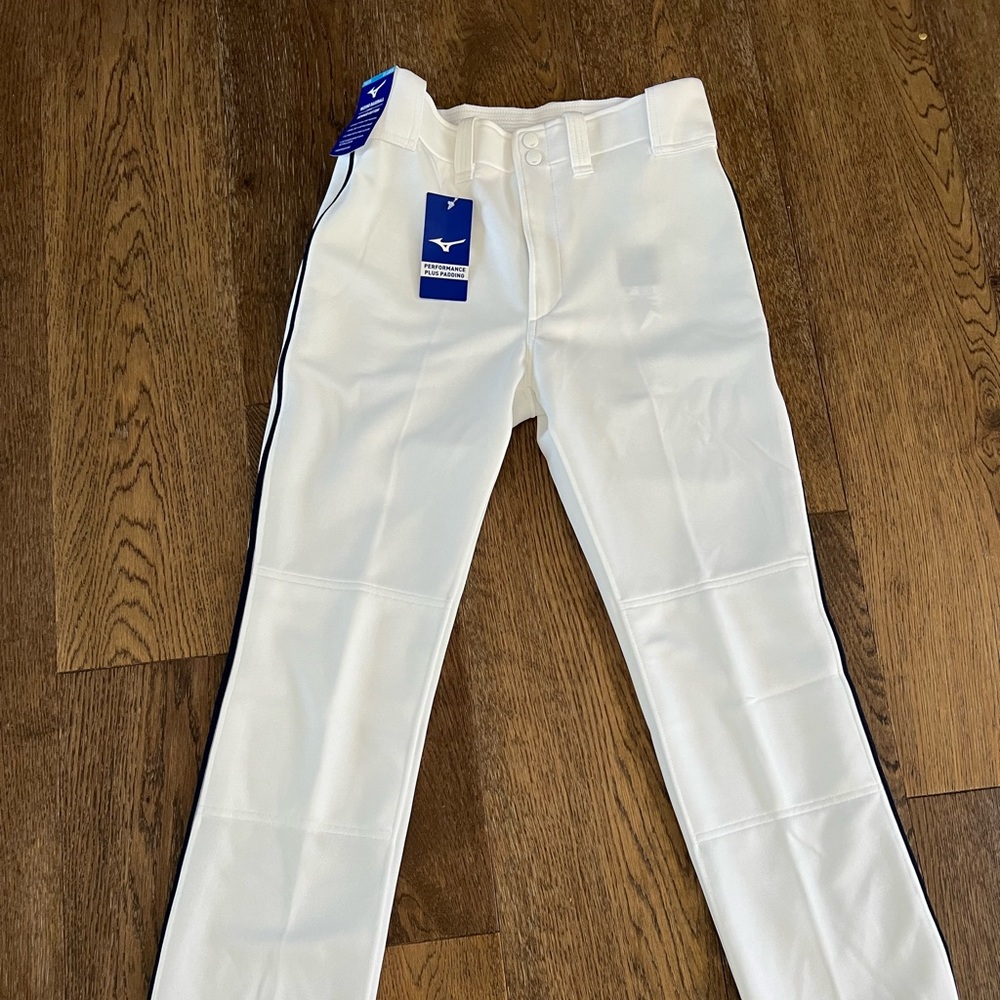 Mizuno Youth XXL baseball Pants: White with navy piping